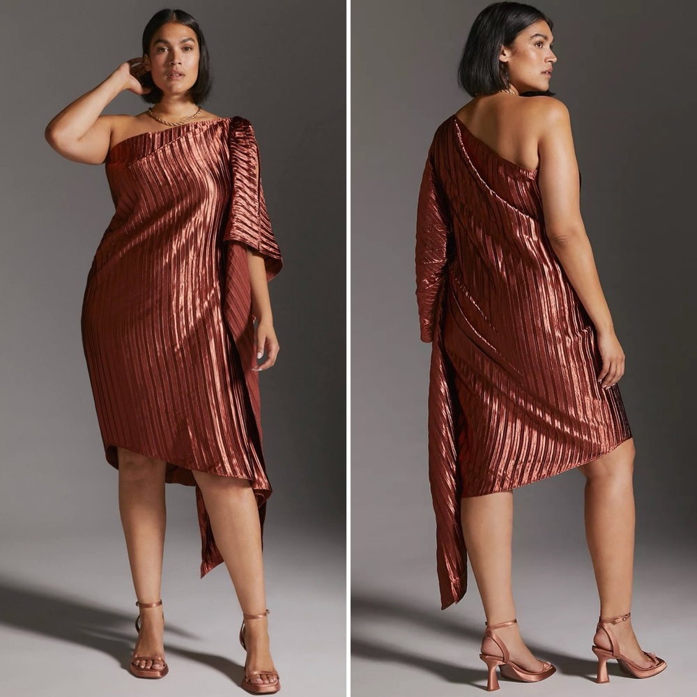 Anthropologie/Guapa Mini Dress 10 One Shoulder Asymmetric Hem Pleated Bronze